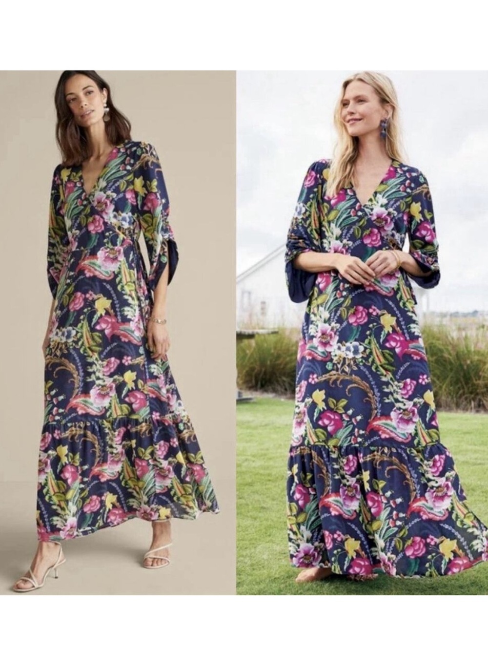Soft Surroundings Samantha Navy Floral 3/4 Sleeve Maxi Dress Large